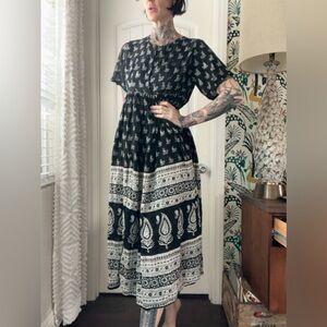 Erika Taylor Intimates Black Block Print Paisley Babydoll Dress Indian Cotton L